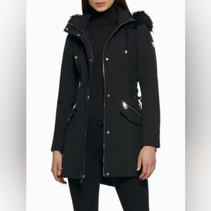 🐈‍⬛GUESS black mid-season faux fur hooded coat